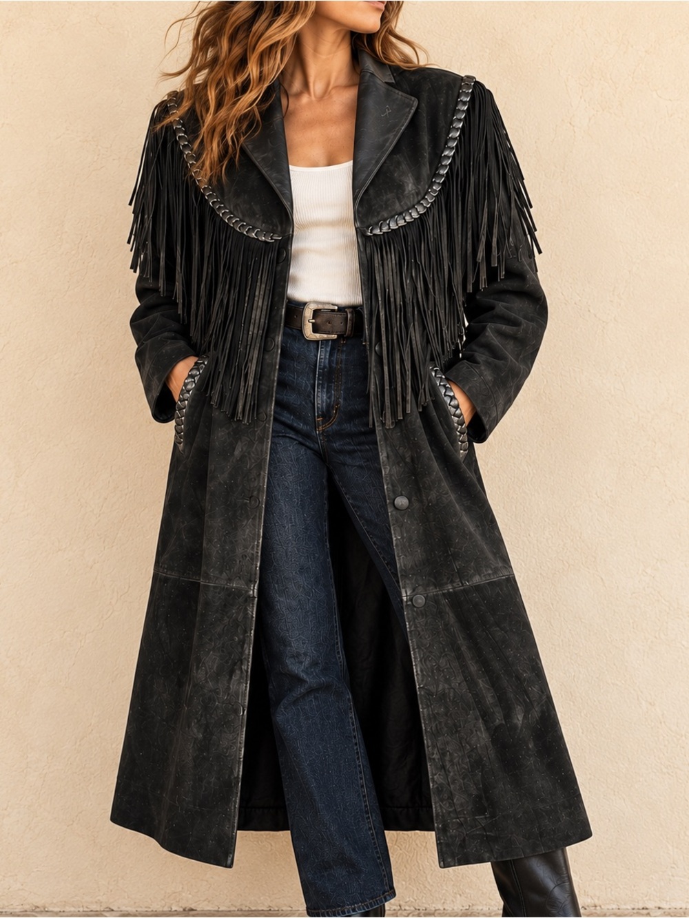 Vintage Black Suede Fringe Western Duster Coat Genuine Leather Maxi